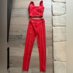 Red Seam-Detail High-Waist Leggings and Crop Tank Set